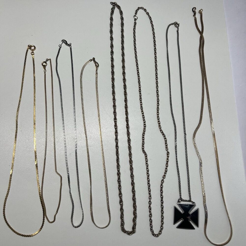 Vintage Gold Silver Tone Chain Necklace Lot Iron Cross Pendant Craft Repair